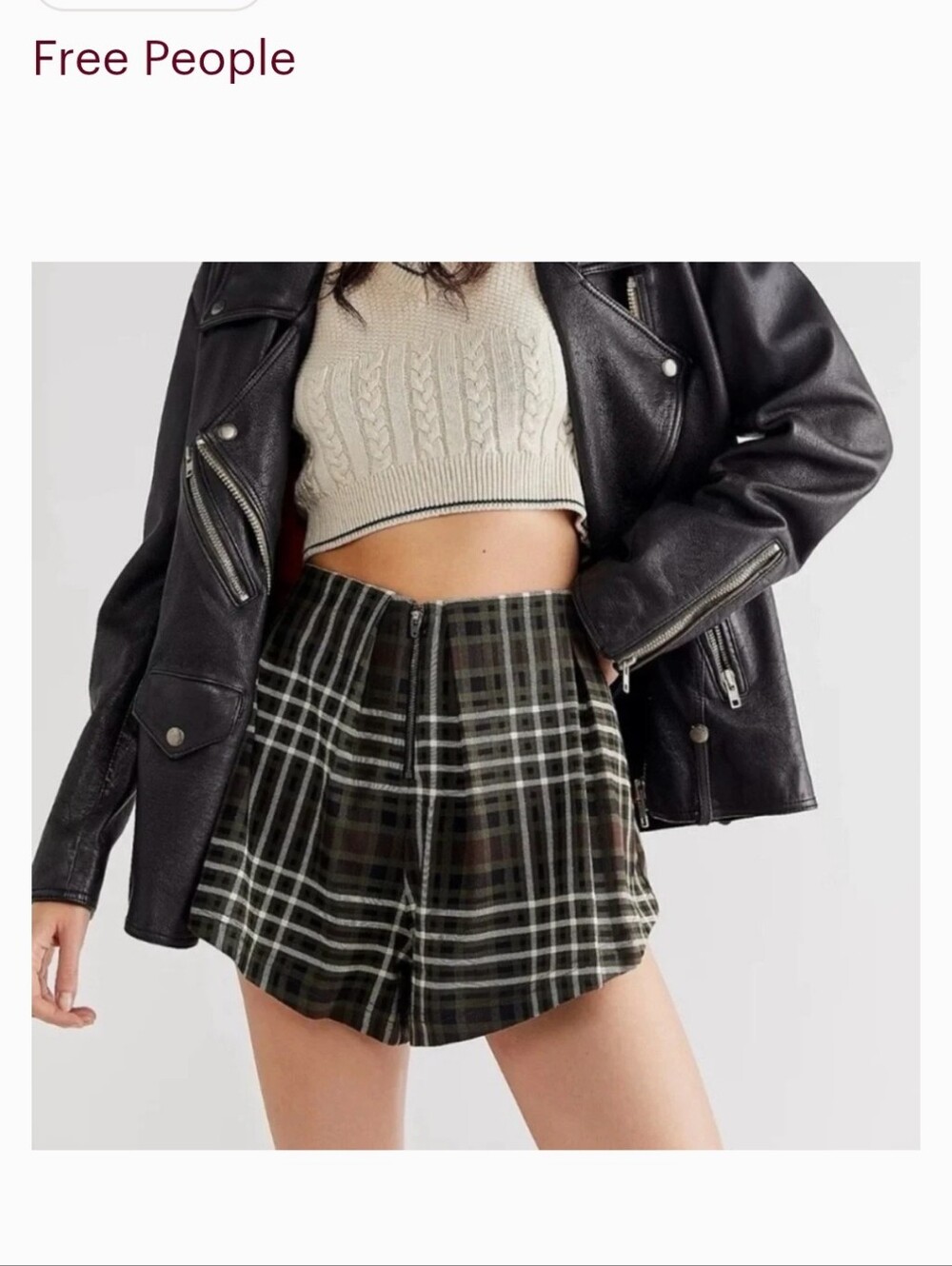 Free People Mayfair Pleated Olive Plaid High Waist Shorts-SMALL